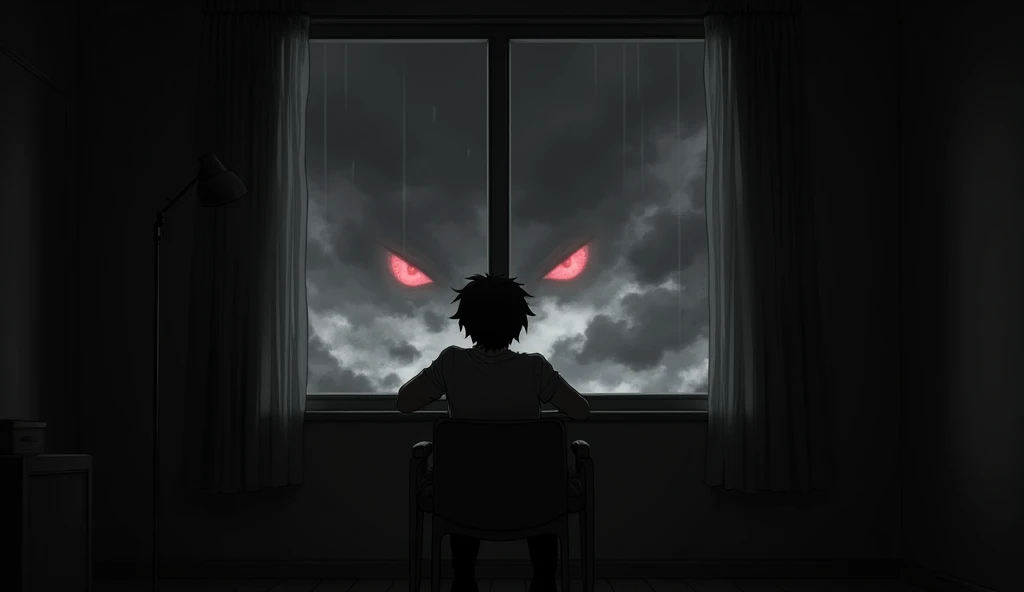 horizontal dark anime-style black and white image of a character sitting on a chair in his own room watching a heavy anxiety storm that have two scary red eyes from the window with cinematic dramatic filters and more imersive. terrify atmosphere