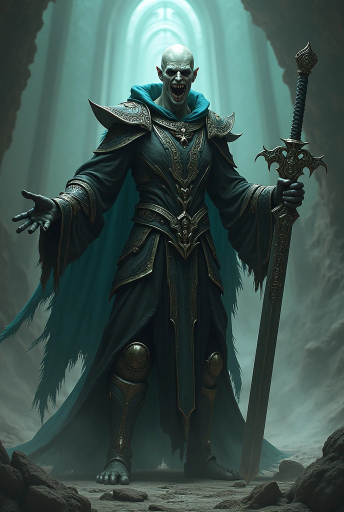 (photorealism:1.2), necromancer, arms outstretched, staff, greatsword, Epic Pose, bald head, crazy eyes, shark teeth
