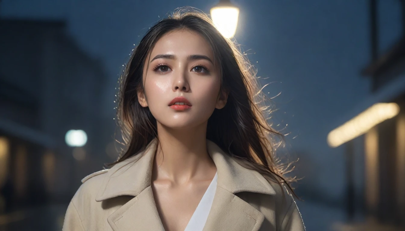 8k, Ultra-high resolution, highest quality, masterpiece, surreal, photograph,Three-part method, 1 girl, (:1.3), pretty girl, Cute face, Beautiful eyes in every detail,(highest quality,masterpiece:1.3,In 8k),(Photorealistic:1.4,RAW shooting,Caustics),Night City,(Very heavy rain:1.2),Street lamp,(Raindrops shining white reflecting the light of the street lamp:1.2),(Woman looking up at the sky),Middle Hair,Sad expression,Long coat,Bust up shot,((Thin legs))、Bold Pose,super cute super model、Please look closely at the camera,Vivid details、detailed、surreal、Light and shadow,Strong light,Fashion magazine cover,Thin lips