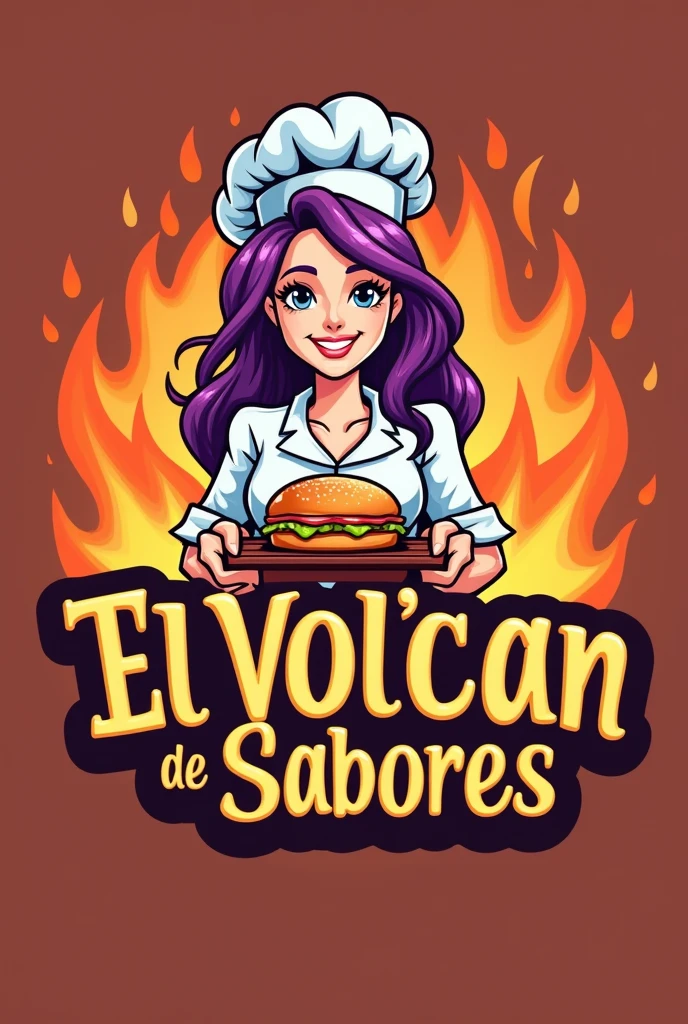 Could you please create a logo for a fast food restaurant like homemade hamburgers with a white female chef with purple hair holding a grill with the name El Volcán de Sabores written on it?