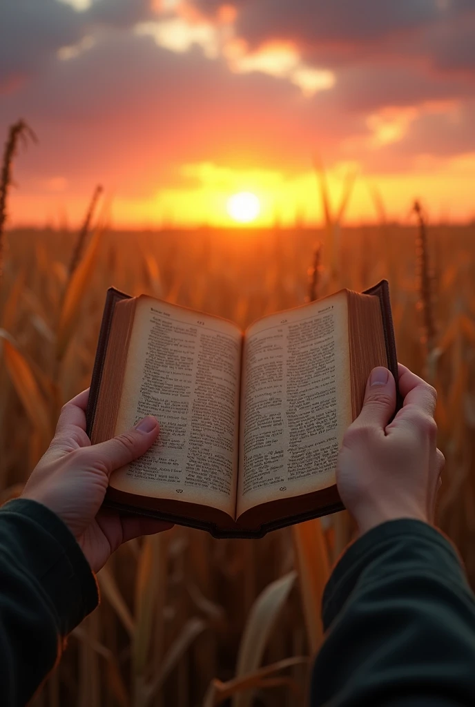 Arms holding a bible Sunset and corn field background
