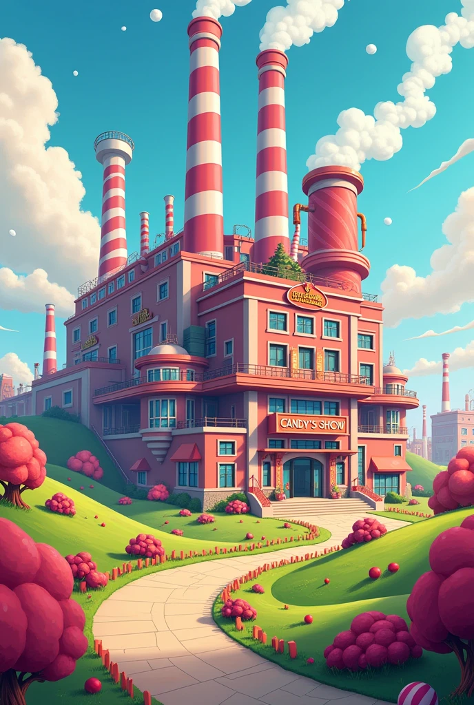 a gigantic modern candy factory called "Candy's Show" on a plot of land outside cartoon style