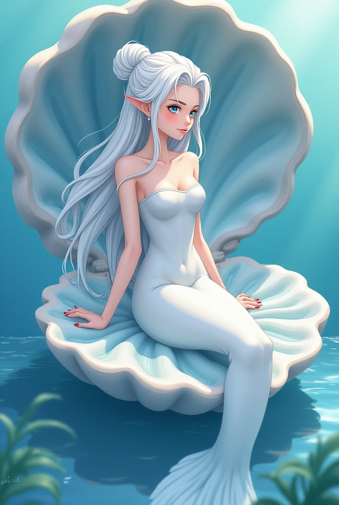 A mermaid in white hair with a bun, sitting on a big clam, and that it be in blue tones, anime version drawn 
