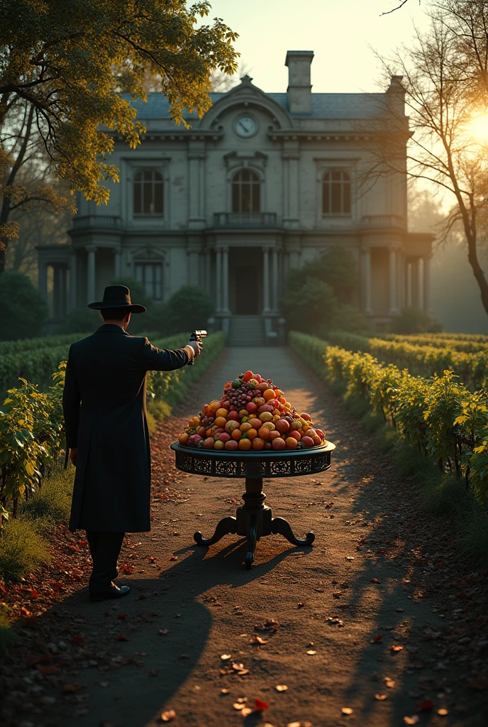 outside an abandoned mansion, first person perspective with a pistol, garden with vineyards on the floor finds a fruit banquet on a table, dusk weather