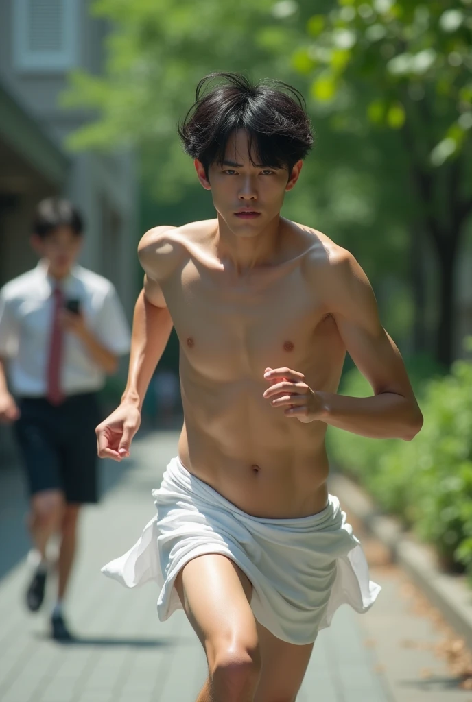 1boy、Cute handsome man、Japanese male, 、handsome man、Mash Hair、Completely naked、Full nudity、erection、Huge penis、Highest quality、Realistic、beautiful、Sad look、Photorealism、Running in the schoolyard、A student in uniform with a smartphone follows behind.、White loincloth