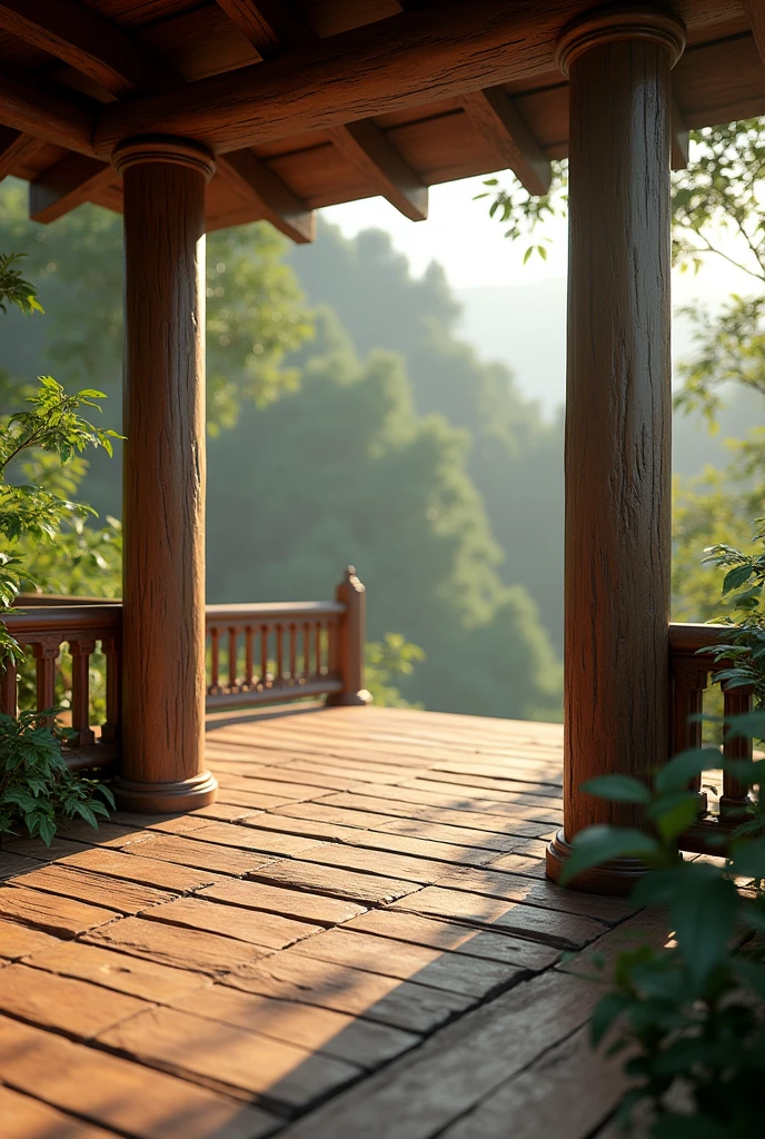 Generate an image of a wooden deck featuring two sturdy wooden pillars. The deck should be elevated, showcasing a rich, natural wood grain texture, with the pillars symmetrically placed at either end. The setting should be outdoors, surrounded by greenery or a scenic background, emphasizing the rustic and natural elements of the deck
