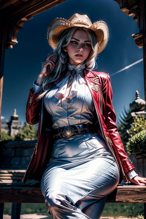 masterpiece,best quality, masterpiece, high detail,detailed face,detailed eyes,rendered eyes,perfect eyes,hip lines,crisp image,detailed,amazing,8k,8k wallpaper,8k background,high detailed skin,high res, (((cowboy shot))), solo, 1girl,looking at viewer,WillowSchnee, . Her attire consists of a white cravat secured by a silver brooch set with a red stone, as well as a light indigo jacket with light sleeves, a wide belt around her waist, a matching pencil skirt with black tights and slippers. serious expression, (standing with military officer), outside stately mansion, sunny afternoon, sculpture at center of hedge maze, holding wine glass, servants and security detail standing by, (volumetric lighting), sharp focus, hyper detailed 