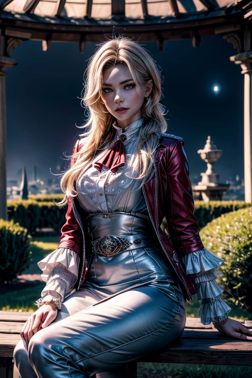 masterpiece,best quality, masterpiece, high detail,detailed face,detailed eyes,rendered eyes,perfect eyes,hip lines,crisp image,detailed,amazing,8k,8k wallpaper,8k background,high detailed skin,high res, (((cowboy shot))), solo, 1girl,looking at viewer,WillowSchnee, . Her attire consists of a white cravat secured by a silver brooch set with a red stone, as well as a light purple jacket with light sleeves, a wide belt around her waist, a matching pencil skirt with black tights and slippers. serious expression, standing outside, garden, ornate Gazebo at center of hedge maze, holding wine glass (volumetric lighting), sharp focus, hyper detailed
