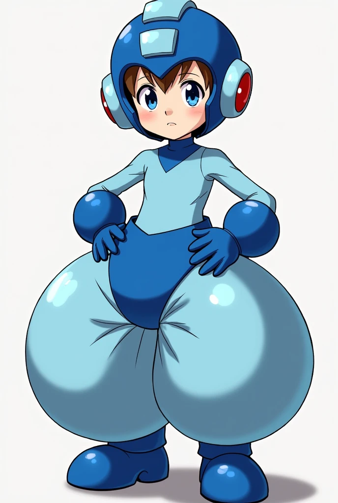 Small boy, around six years old, brown hair, blue eyes, anatomically perfect hands, anime style, wearing a Megaman outfit consisting of a light blue leotard, humongous inflatable satin princess Jasmine-style 4-yard harem pants, royal blue ankle boots, royal blue gloves, royal blue large rounded coverings on the lower arms, royal blue Megaman helmet, and a huge padded royal blue satin diaper. His helmet has a raised light blue square in the forehead and a light blue rectangle running straight back from the square, resembling an exclamation mark. His helmet also features round light blue sections with red circles in the center over his ears. The pants are very puffy and very round, the diaper is extremely puffy and completely round and completely spherical. High quality.