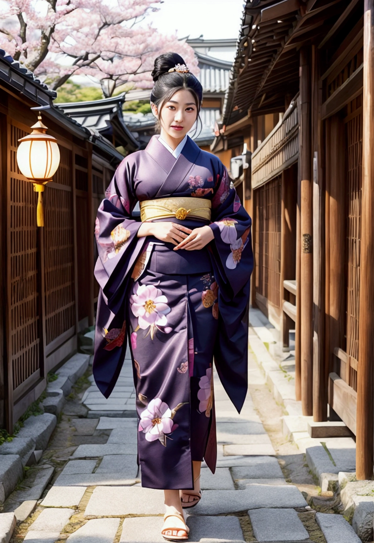 A full-body view from head to toe of a stunning Japanese beauty in traditional attire as she walks through the streets of Kyoto. She is dressed in a vibrant floral kimono, with her sleek black hair elegantly styled and adorned with a beautiful kanzashi hairpin. Her face is exquisitely beautiful, with delicate features—a smooth, porcelain-like complexion, large almond-shaped eyes framed by long lashes, and perfectly shaped eyebrows. Her lips are naturally rosy, forming a gentle and captivating smile that adds to her serene and graceful demeanor. As she strolls along the stone-paved streets, the background showcases traditional wooden townhouses, lanterns, and trees adorned with autumn foliage. Her entire figure, from her head adorned with the kanzashi to her feet in traditional sandals, stands out, blending harmoniously with the lively yet tranquil atmosphere of Kyoto.