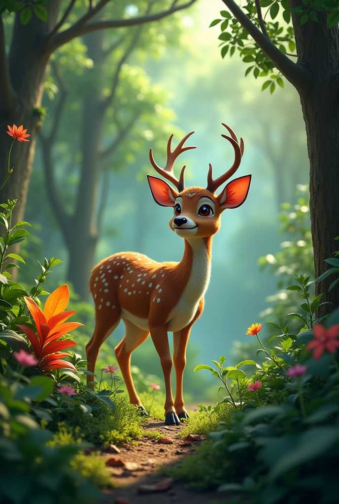 A forest with various types of plants and animals. A deer is on alert, with their ears pricked up, while a plant with vibrantly colored leaves is displayed next to it.