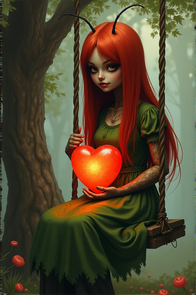 ((best quality)), ((masterpiece)), (detailed), Create a detailed image of a humanoid woman with a human body, but with a brown texture similar to that of a cricket and a distinctly cricket-like face, with a malevolent look and characteristic antennas. She wears a big, straight red wig., disproportionately larger than his body, that floats in the wind. Her dress is green with various shades and patterns.. She is sitting on a swing hanging from a tree, with a perspective that shows it from a distance, but still visible. She holds a big shiny heart in her lap, that emits an intense glow, similar to that of a lamp. The background should represent a natural environment, detailing the tree and swing in a serene setting.