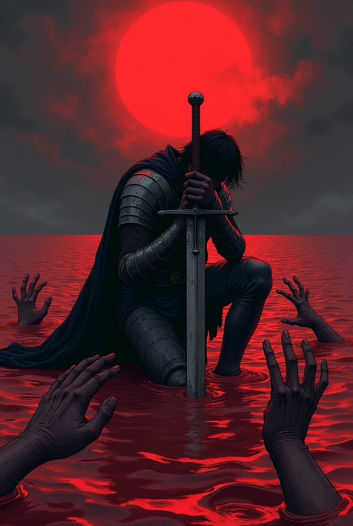 Draw a knight kneeling in a red sea leaning on his sword with several hands holding him in the sea with an eclipse in the background.. Dark cartoon anime style drawings