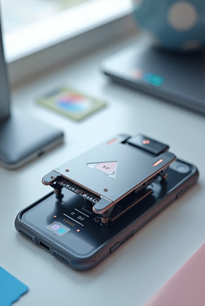 Create a photo of a phone case with a sticker printer behind it