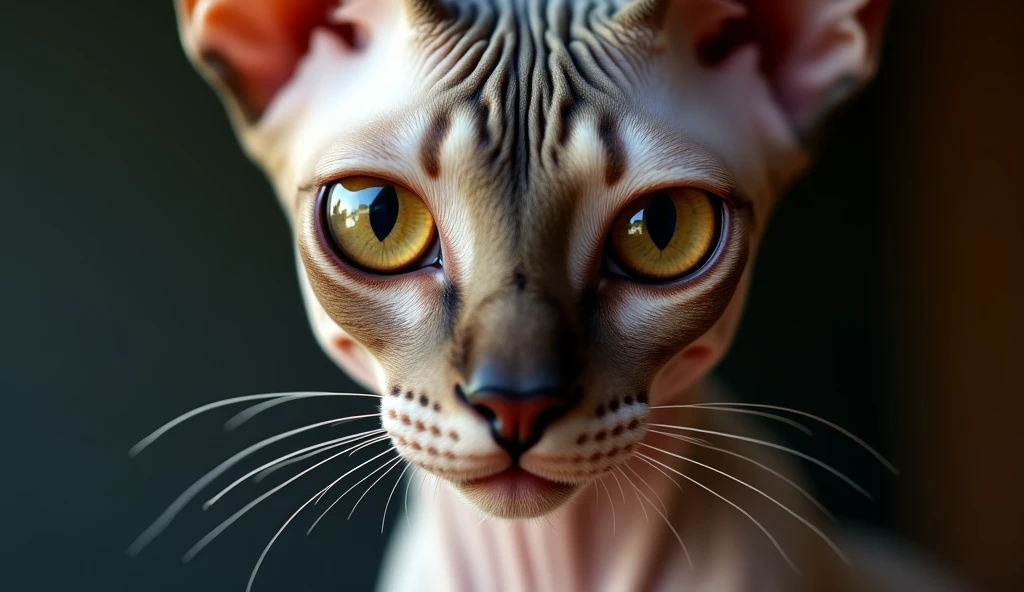 A close-up, ultra-realistic image focusing on the large, expressive eyes of a Sphynx cat. The eyes are a deep amber color with intricate reflections, revealing the cat's intense gaze. The surrounding skin is smooth, with visible veins and delicate wrinkles around the eyes, adding depth and realism. The background is softly blurred, making the eyes the focal point of the image, drawing attention to their mesmerizing beauty