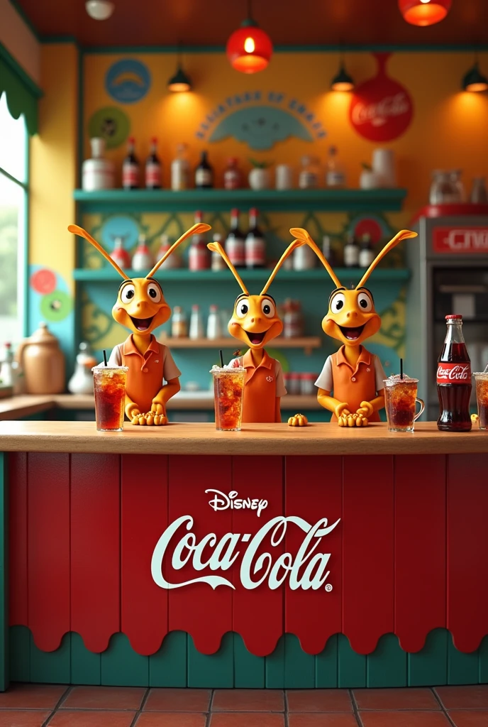 create a Disney themed cafeteria cover with the name of the three mosquito nets selling coke and mixed drinks, all Brazilian