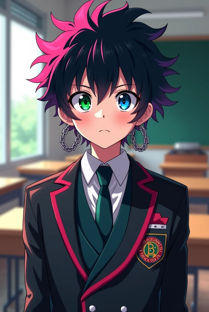 Anime avatar of a teenage boy with Boku no Hero Academia uniform, black hair with pink streaks, one green and one crystalline blue eye, chain earrings, in a classroom background  