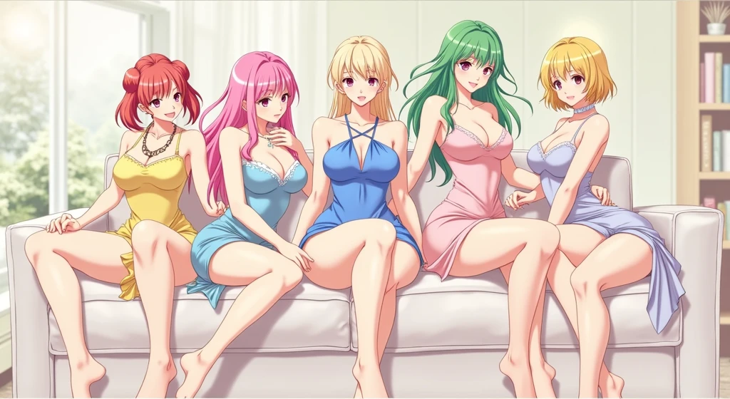 Five adult college girls with big breasts, one redhead girl with pigtails, another with long pink hair, another with long green hair, another with long yellow hair, and finally a girl with short white hair, the background being a living room, all wearing different colored dresses.