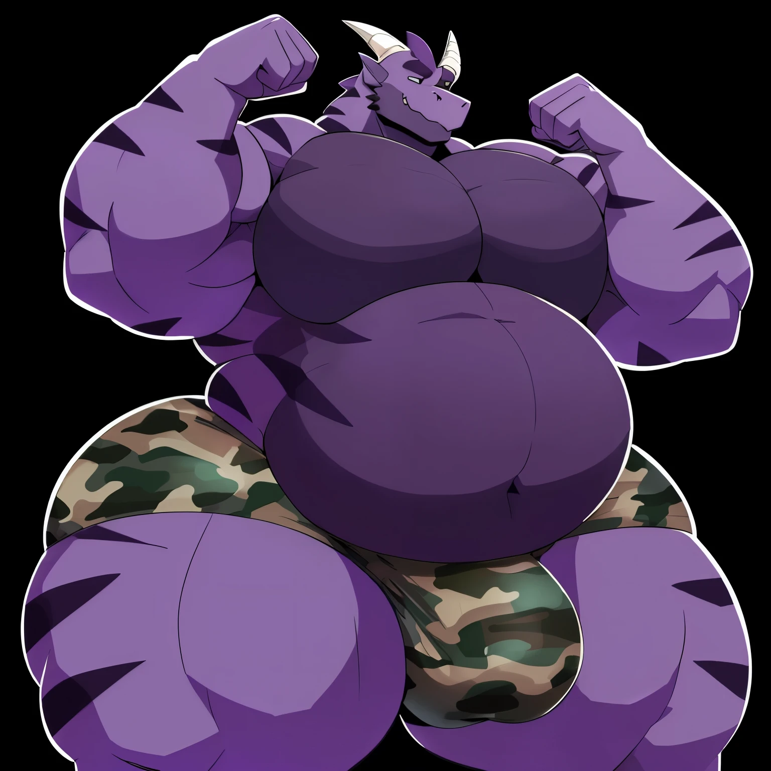 ((Solo)), 1 boy, male, very largest, ((bara)), buff, extremely thickened overweight body, ((((1500 pounds)))):2, (((massive fluffy belly))), (((massive thighs, massive curves, massive pecs, massive biceps))):2.5, ((((((dark purple)))))), ((hunky)) (((dragon))) with, (((dragon snout))):1.3, ((tight camo briefs, big bulge, detailed crotch bulge, bulging)), flexing, simple background with stripes