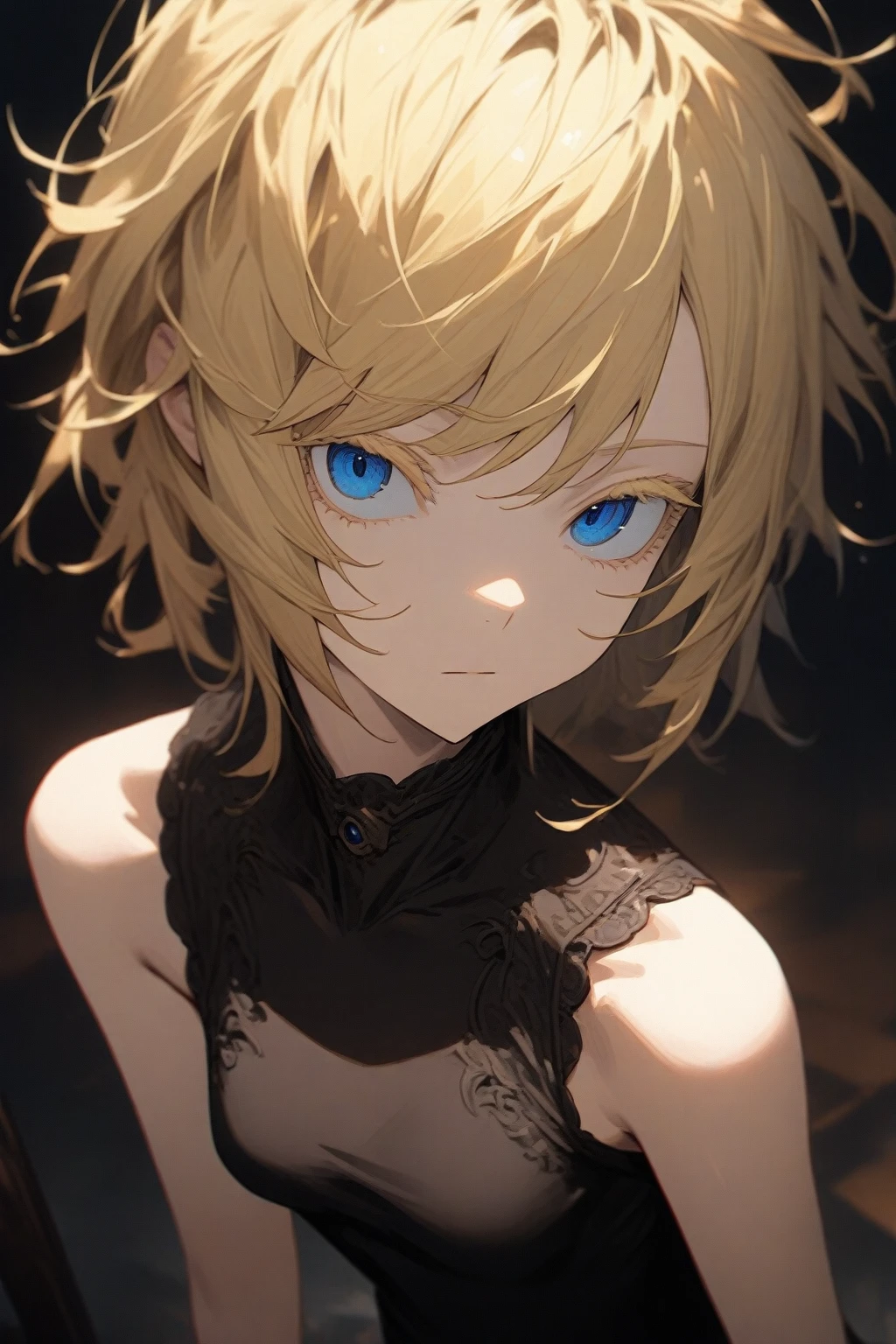 masterpiece, best quality, very aesthetic, absurdres,1girl,(hyper detailed eyes),blonde hair,short hair,[disheveled hair],colored eyelashes,blonde eyelashes,blue eyes,(sharp eyes),(slanted eyes),choppy bangs,medium breasts,clear face,expressionless,sleeveless,prostitute,brothel,