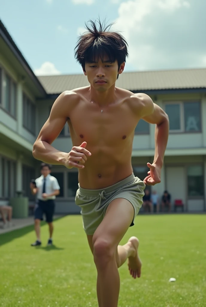 1boy、Cute handsome man、Japanese male, 、handsome man、Mash Hair、Completely naked、Full nudity、erection、Huge penis、Highest quality、Realistic、beautiful、Sad look、Real photo style、Running in the schoolyard、A student in uniform with a smartphone follows behind.