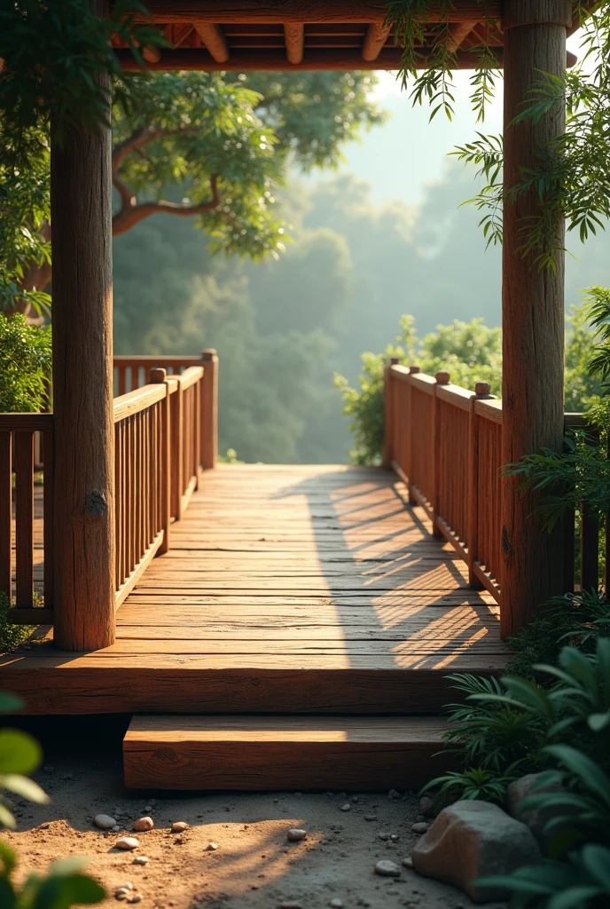 Generate an image of a wooden deck featuring two sturdy wooden pillars. The deck should be elevated, showcasing a rich, natural wood grain texture, with the pillars symmetrically placed at either end. The setting should be outdoors, surrounded by greenery or a scenic background, emphasizing the rustic and natural elements of the deck