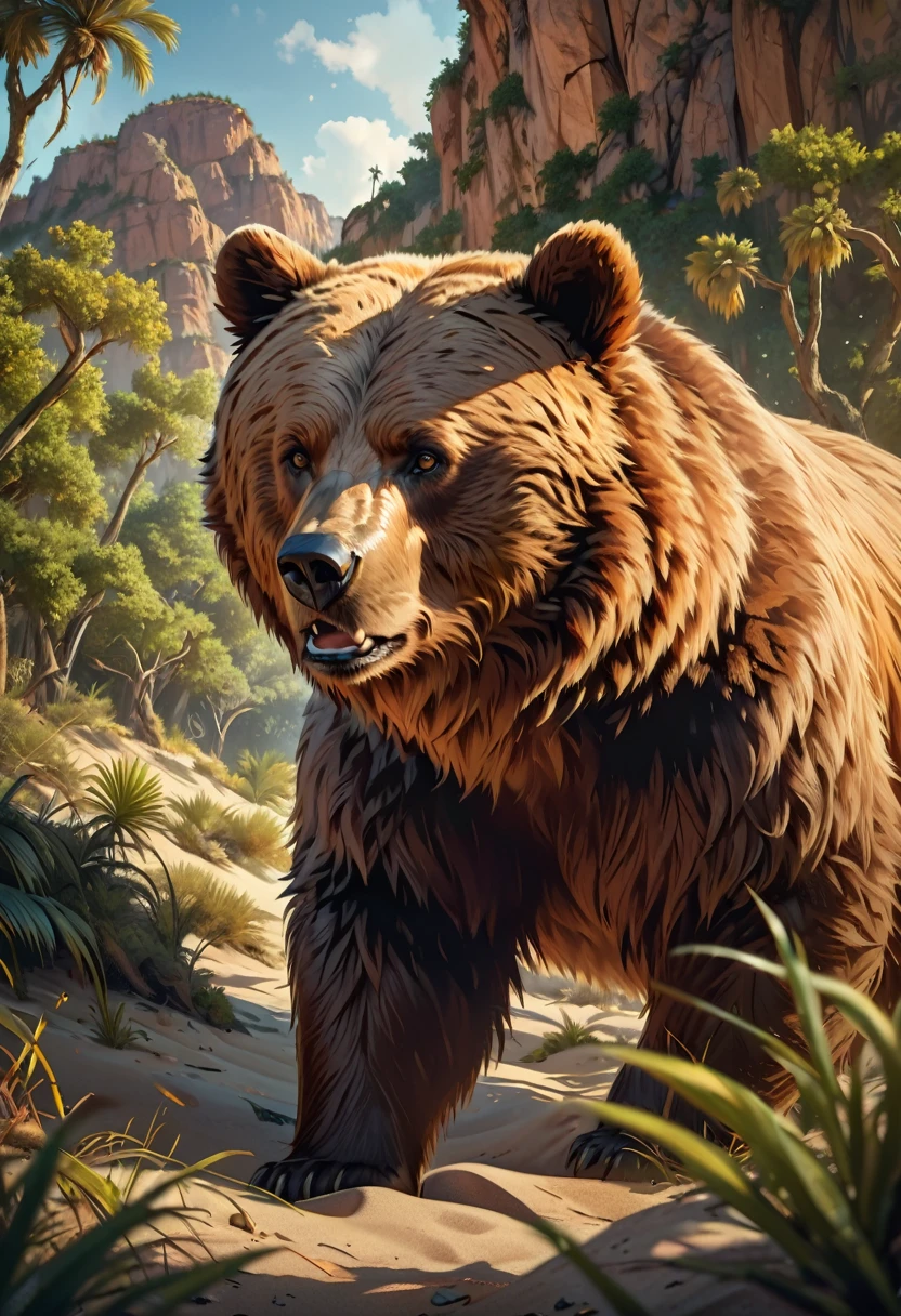 brown bear, very scary, wild, realistic rendering, desert island, wilderness,extreme detailed, incredibly detailed, highly detailed animal fur, extremely detailed face, intricate details, photorealistic, 8k, high resolution, masterpiece, professional, cinematic lighting, dramatic lighting, vibrant colors, natural colors, warm tones