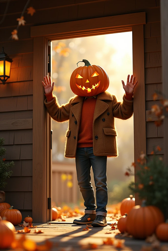 A man with a pumpkin on his head waving at viewer coming through a front door