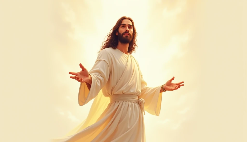 Image of a beautiful Arapeddik Jesus wearing soft white robe, com rosto sereno, confident, happy and heavenly, looking directly at the viewer, with his arm extended, calling whoever sees the image to follow in his footsteps and follow him, indirect light, Jesus Cristo background em cor clara e neutra (work of art), best qualityer, ultra detali, illustration, soft lighting, shiny colors, Peace,