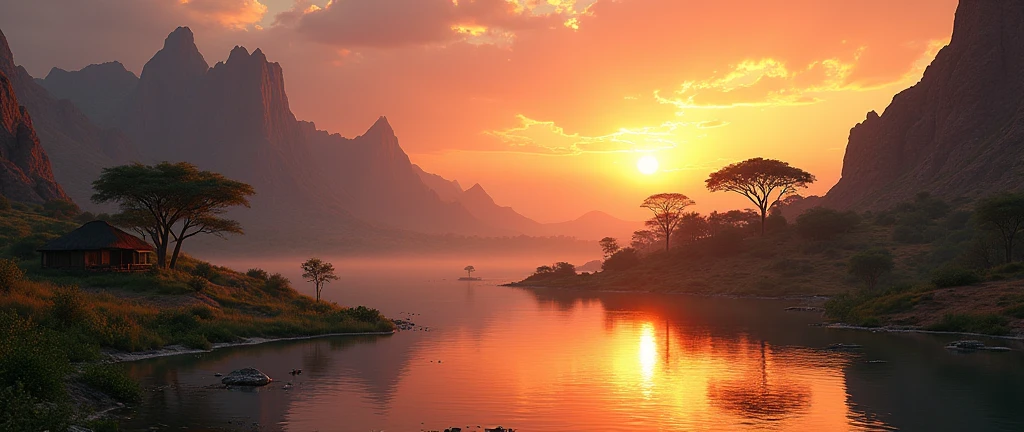 a breathtaking african wilderness scene, serene lake, tiny african hut, dramatic cinematic lighting, imposing rocky formations, beautiful sunrise, vibrant colors, realistic, photorealistic, HDR, UHD, studio lighting, extremely detailed, professional, vivid colors, cinematic, atmospheric, moody, mystical