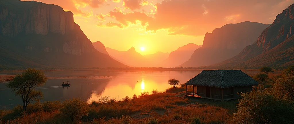 a breathtaking african wilderness scene, serene lake, tiny african hut, dramatic cinematic lighting, imposing rocky formations, beautiful sunrise, vibrant colors, realistic, photorealistic, HDR, UHD, studio lighting, extremely detailed, professional, vivid colors, cinematic, atmospheric, moody, mystical