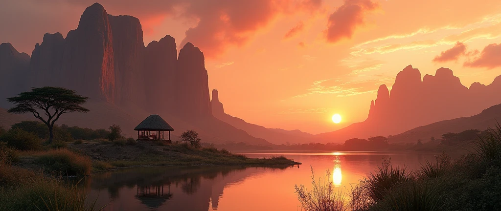 a breathtaking african wilderness scene, serene lake, tiny african hut, dramatic cinematic lighting, imposing rocky formations, beautiful sunrise, vibrant colors, realistic, photorealistic, HDR, UHD, studio lighting, extremely detailed, professional, vivid colors, cinematic, atmospheric, moody, mystical