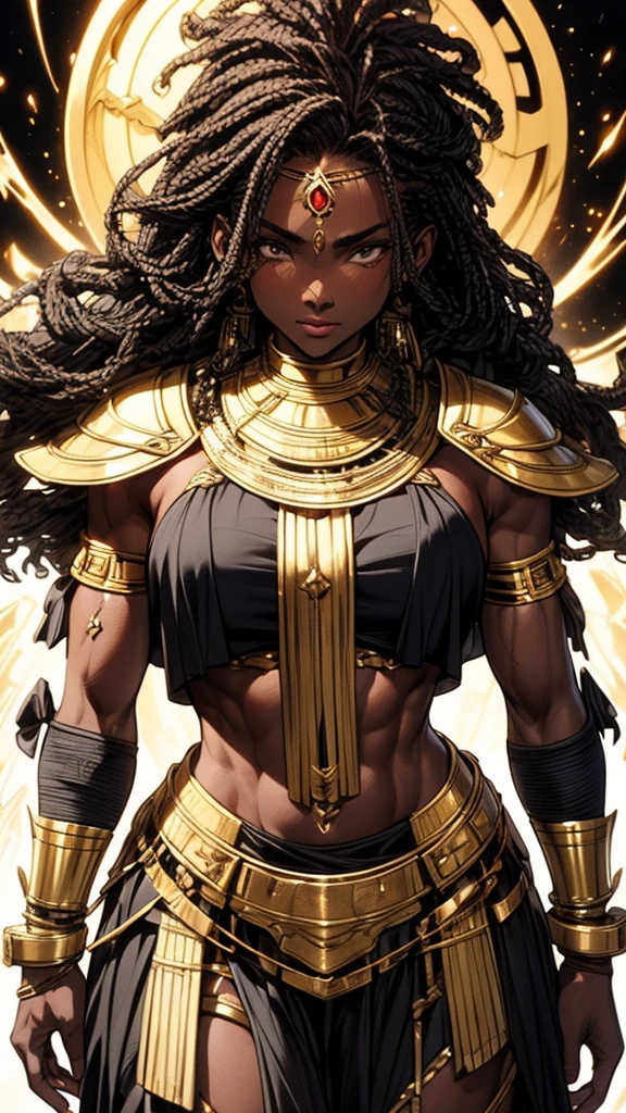Jada Pinkett as Black Goddess, uma deusa negra, 29 anos, bodysuit tomara que caia dourado, coxas expostas, armadura de ouro, Superheroine woman , gold armbands, Manoplas gold, colar gargantilha de douro, tiara dourada, brincos grandes de argola, faixa dourada, pose majestosa, cabelos negros, cabelos pretos, Cabelos Longos, braided hair, Curvilinear athletic body, Muscles, Ombros, ombros largos, coxas, seios, Exposed glutes, Vista lateral do corpo, olhos azuis, look-at-camera, facial expression of tenderness, Romantismo, deserto de areia, pedras, night sky, fora, raios de luz