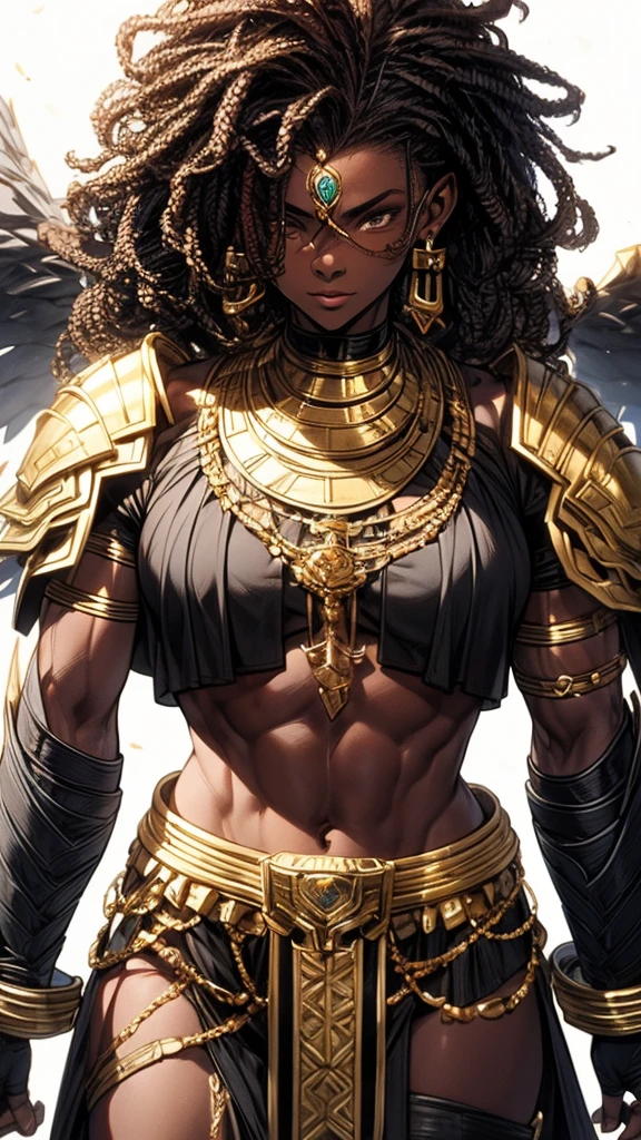 Whole body, symmetrical image, Dark skin, muscular warrior with marked abdomen, afro hair, big breasts, Detailed face, Black and gold armor with many details