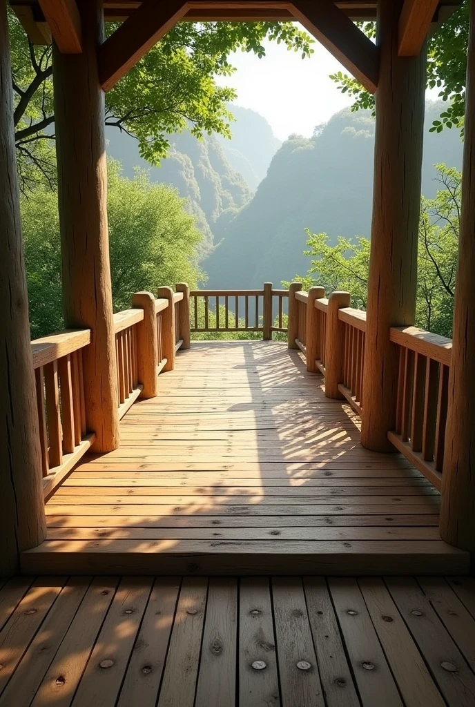 Generate an image of a wooden deck featuring two sturdy wooden pillars. The deck should be elevated, showcasing a rich, natural wood grain texture, with the pillars symmetrically placed at either end. The setting should be outdoors, surrounded by greenery or a scenic background, emphasizing the rustic and natural elements of the deck