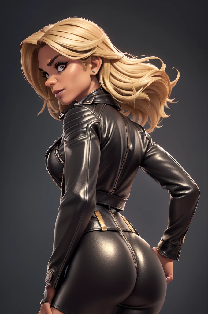 obra prima, melhor qualidade, ((only one woman,)) ((jillian michaels, 55 years, dark tan skin, blonde bob hair, heavy vamp makeup eye shadow,)) (((wearing thigh length black metallic leather jacket,))) (((jacket is zipped up, jacket covers waist and ass,))) ((jacket has stiff high collar,)) ((gold pvc gloves,)) body is very skinny, on motorbike, (((arched back, shoulders leaning way back, hips twisting, head tilted way back, chin up,))) ((camera side view, extreme closeup view of upper body,)) shallow depth of field, highres, HD, 8k, anatomically correct
