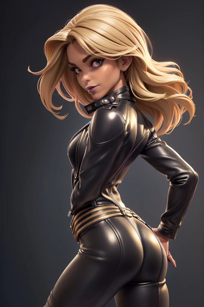 obra prima, melhor qualidade, ((only one woman,)) ((jillian michaels, 55 years, dark tan skin, blonde bob hair, heavy vamp makeup eye shadow,)) (((wearing thigh length black metallic leather jacket,))) (((jacket is zipped up, jacket covers waist and ass,))) ((jacket has stiff high collar,)) ((gold pvc gloves,)) body is very skinny, on motorbike, (((arched back, shoulders leaning way back, hips twisting, head tilted way back, chin up,))) ((camera side view, extreme closeup view of upper body,)) shallow depth of field, highres, HD, 8k, anatomically correct