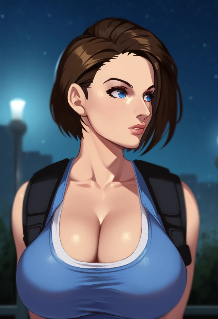 score_9, score_7_up, 1girl, solo, (jill valentine):0.8, portrait, looking to the side, large breasts, depth of field, night