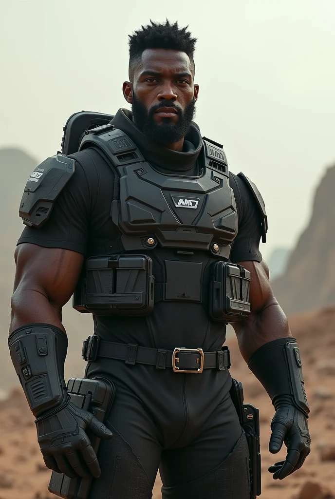 A soldier man, black skin, Bblack hair, eyes browns, 3d soldier outfit