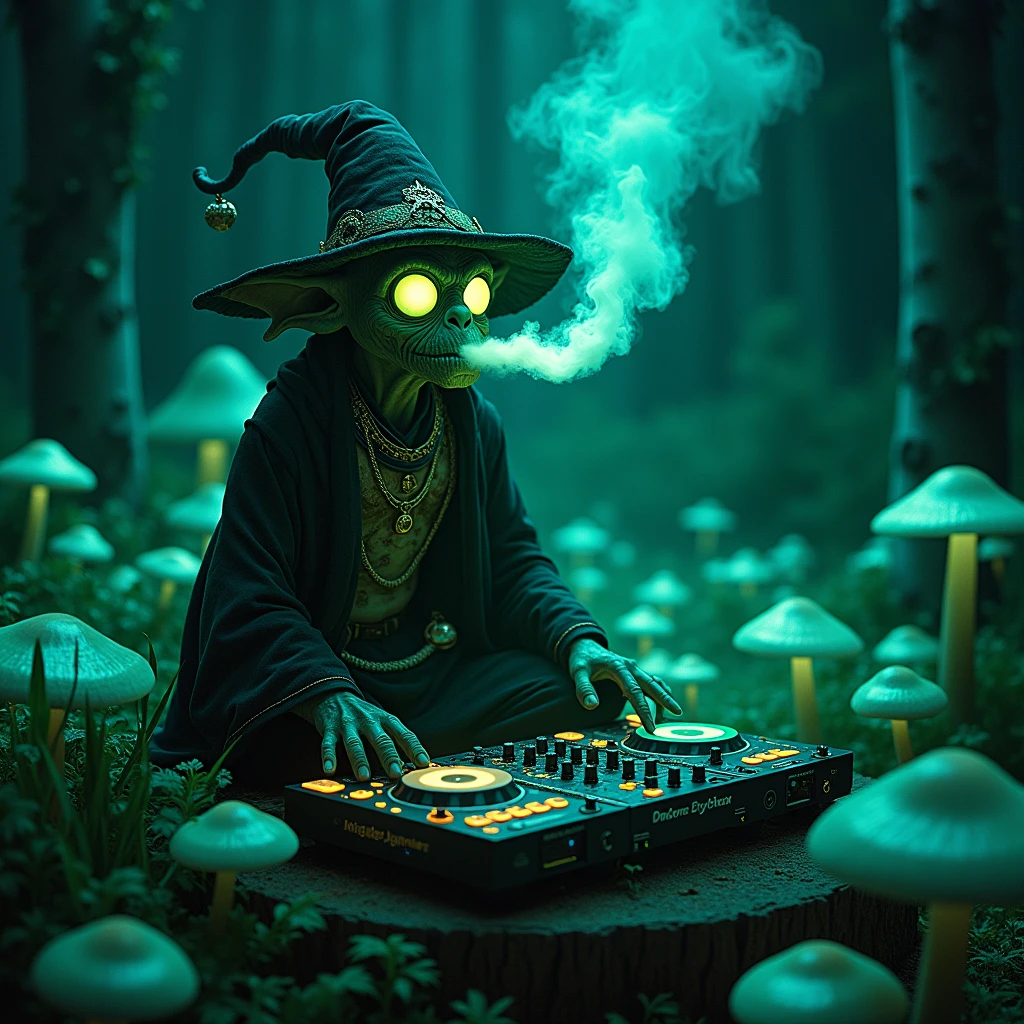 Nightvision footage of a goblin thats dressed like a wizard sitting on a shroom in a shroomforest while smoking out of his herb vaporizer while playing on audio interfaces and dj pults in the night
