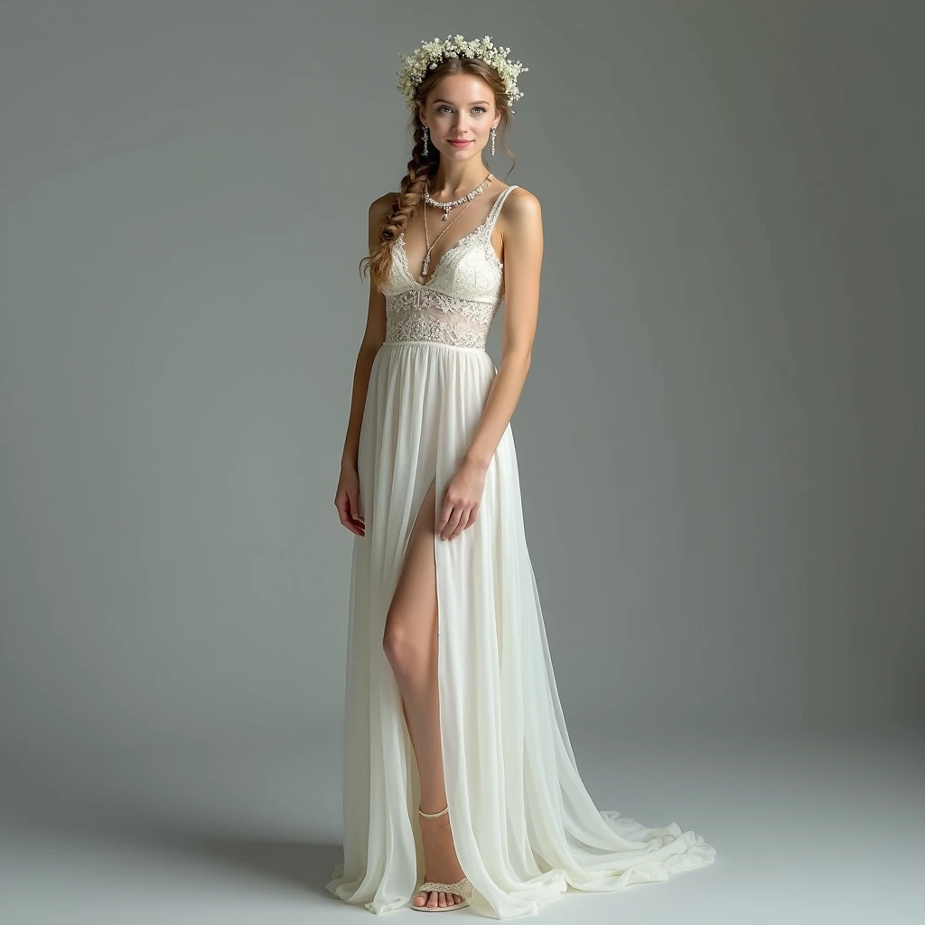 A full-body image of a European woman with an angelic essence face, standing poised looking at the camera against a gray background. She wears an ivory organza gown with a soft, flowing skirt and delicate lace detailing on the bodice. The gown’s translucent fabric creates a sense of airiness and sophistication. Her hair is styled in a halo braid adorned with small white flowers, forming a crown-like effect that radiates divine majesty. She wears gossamer slippers with lace embellishments. Her jewelry includes ethereal symbol earrings and a gemstone necklace, adding a mystical and otherworldly allure to her angelic attire.