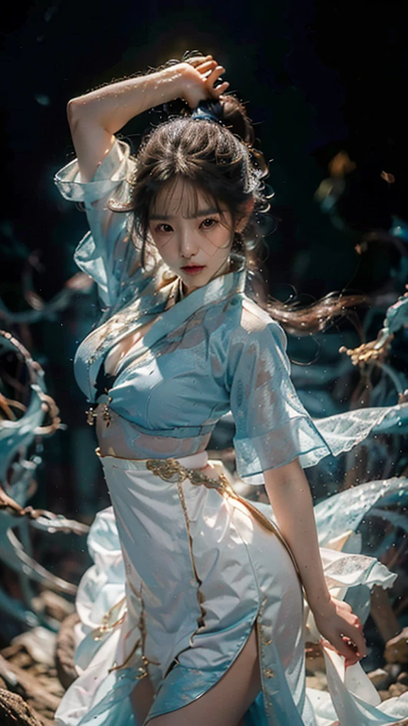 shining star,A beautiful oriental girl,Single ponytail,Dragon Horn,Big breasts,thin waist,white skin,Perfect proportion,Wearing a dance dress,8k,The focus of the audience,Lighting effects,Super details,