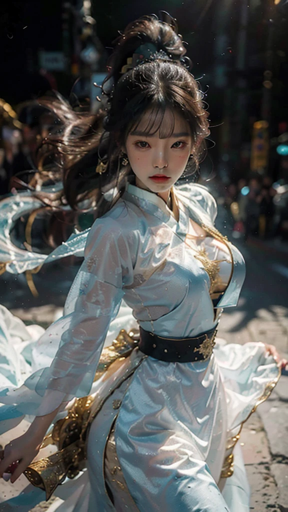 shining star,A beautiful oriental girl,Single ponytail,Dragon Horn,Big breasts,thin waist,white skin,Perfect proportion,Wearing a dance dress,8k,The focus of the audience,Lighting effects,Super details,