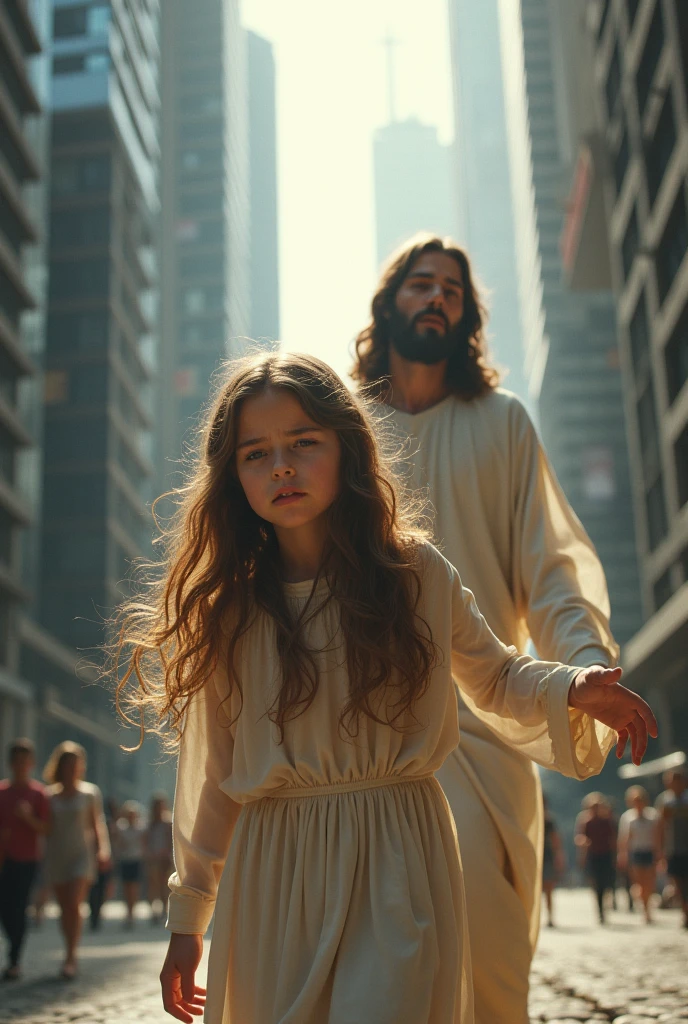 Girl lost in the modern world, Jesus trying to save her - brown hair 
