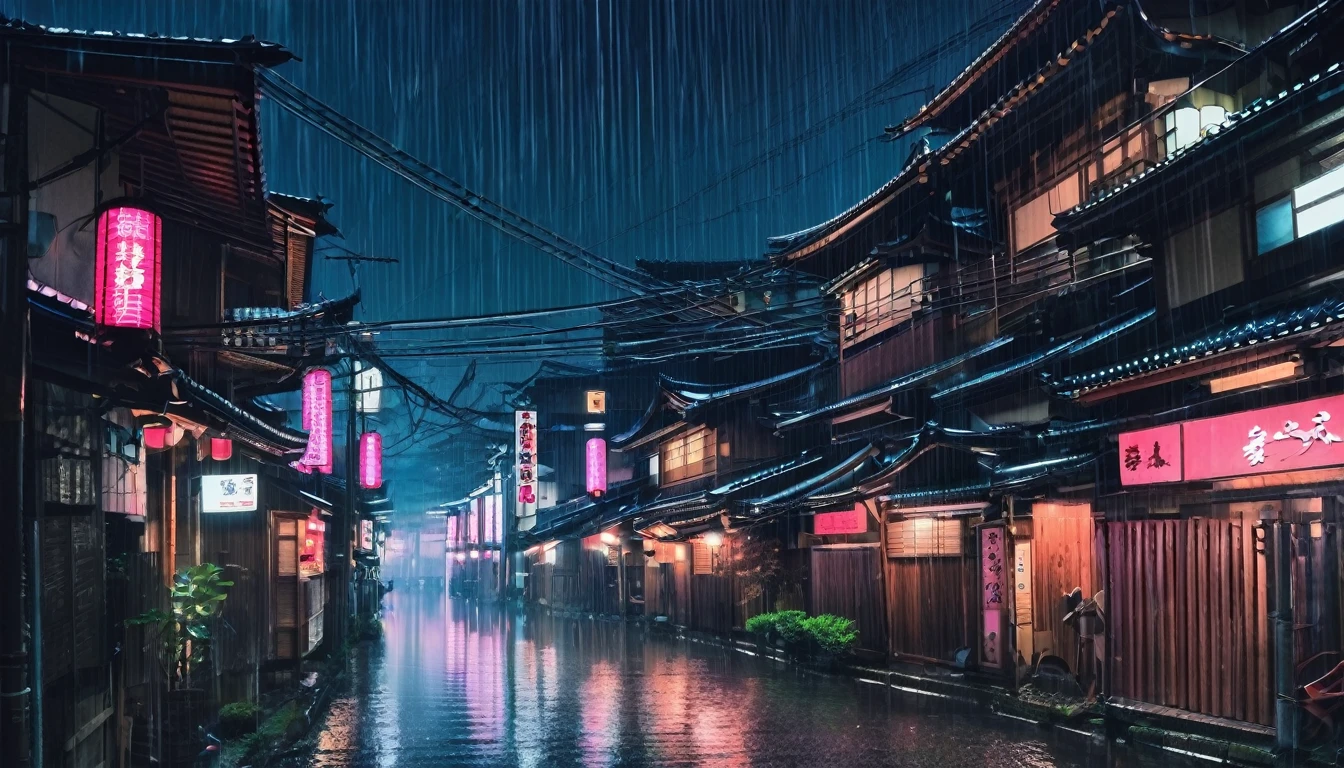 Kyoto at night raining cyberpunk style 