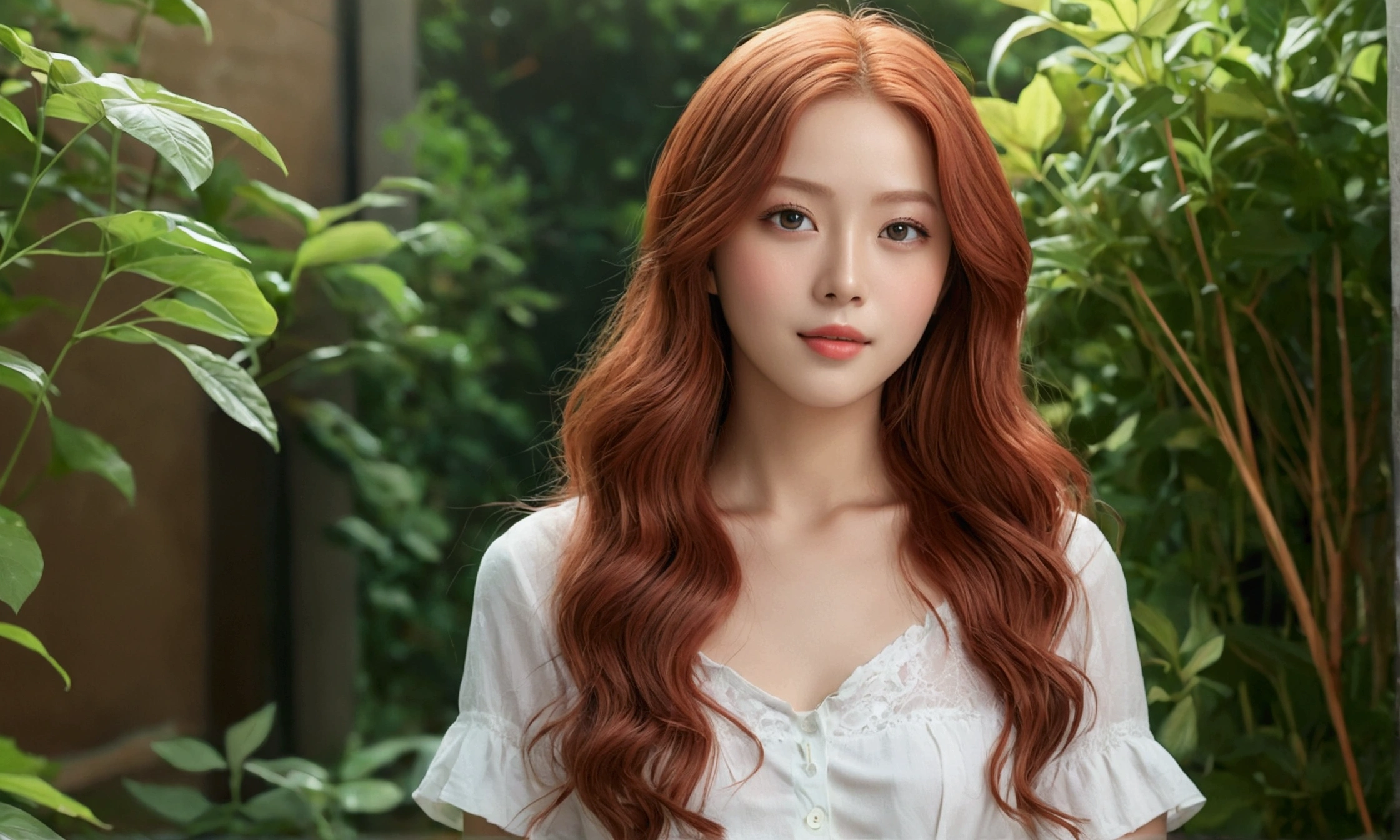 masterpiece、1. Youthful realism、so relaxed、clear skin、((Waist-up representation:1.3))、(realist)、(High resolution)、(8k)、(Very detailed)、(long red hair)、(Very detailed)、soft smile、large eyes、Green or light blue eyes、long eyelashes、Soft lighting、Natural lighting in the garden、looking to the camera、Look forward、toned body、Thin waist、Modern house、green and leafy garden、relaxed atmosphere、casual comfortable clothes、((subtle cleavage:0.1))、Natural beauty、Soft and realistic skin texture、Hydrated lips、natural shadows、"