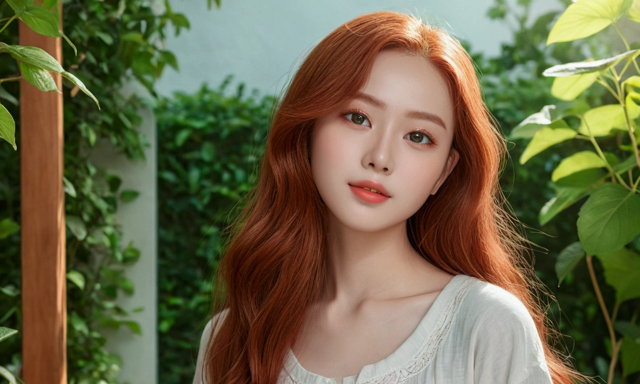 masterpiece、1. Youthful realism、so relaxed、clear skin、((Waist-up representation:1.3))、(realist)、(High resolution)、(8k)、(Very detailed)、(long red hair)、(Very detailed)、soft smile、large eyes、Green or light blue eyes、long eyelashes、Soft lighting、Natural lighting in the garden、looking to the camera、Look forward、toned body、Thin waist、Modern house、green and leafy garden、relaxed atmosphere、casual comfortable clothes、((subtle cleavage:0.1))、Natural beauty、Soft and realistic skin texture、Hydrated lips、natural shadows、"