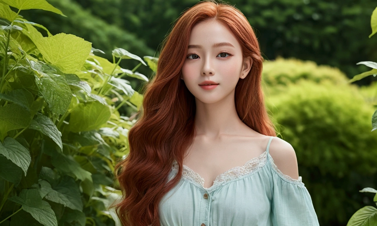 masterpiece、1. Youthful realism、so relaxed、clear skin、((Waist-up representation:1.3))、(realist)、(High resolution)、(8k)、(Very detailed)、(long red hair)、(Very detailed)、soft smile、large eyes、Green or light blue eyes、long eyelashes、Soft lighting、Natural lighting in the garden、looking to the camera、Look forward、toned body、Thin waist、Modern house、green and leafy garden、relaxed atmosphere、casual comfortable clothes、((subtle cleavage:0.1))、Natural beauty、Soft and realistic skin texture、Hydrated lips、natural shadows、"