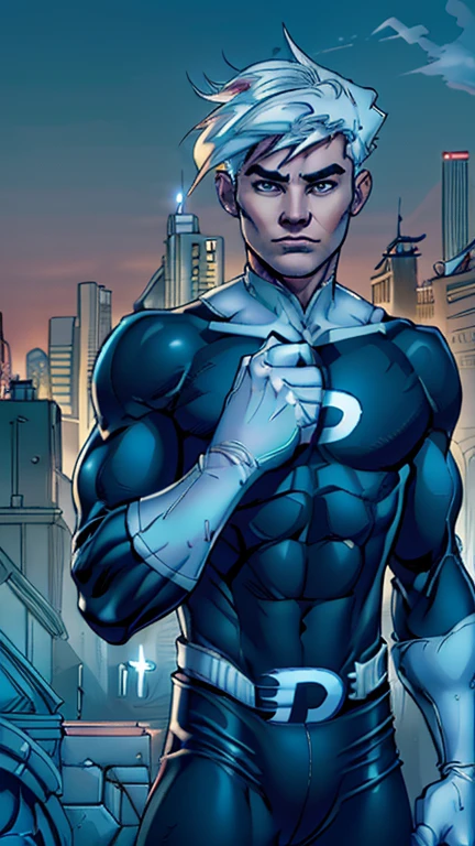 ((1boy, danny phantom), (extremely detailed CG unit 8k wallpaper),(master part), (best quality), (ultra detail), (best illustration),(jim lee), cowboy shot, (Sharp eyeliner, ombre, detail eyes:1), landscape, building, outdoors background, ,break , (city scene), upper body, standing, (white hair, white gloves)