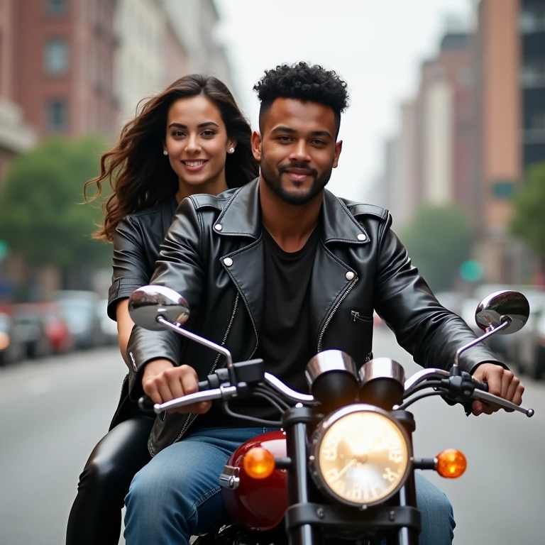 realistic photo of a handsome man carrin in his moto a (pretty girl, 20 years old, brunette, black eyes) at street across city, (full lips) , ((perfect face)), [[mild smile]], proportionate body,mixed herritage, beautyfull, beautyfull face, tanned skin, two arms, two legs, five fingers by hand, full body, (curly black long hair), handsome short haired man and brunette girl at moto, the man is driving and the girl is a back seat, street. leather biker outfit, man with jacket and jeans, girl with top and leather pants. urban landscape, city, Full bodies, photo from side.
